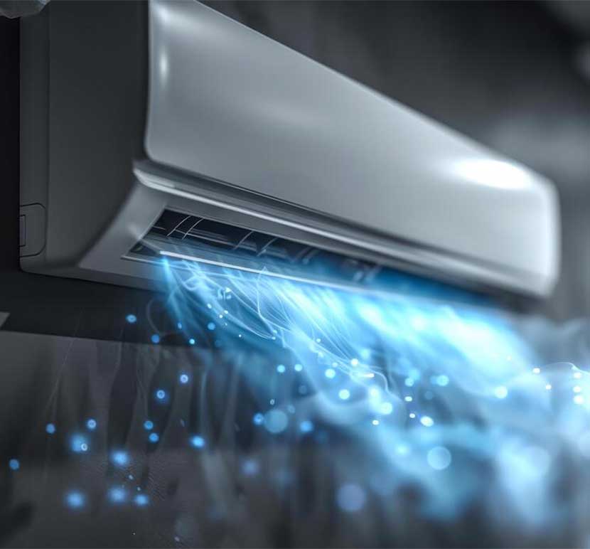 a white air conditioner is blowing out blue smok